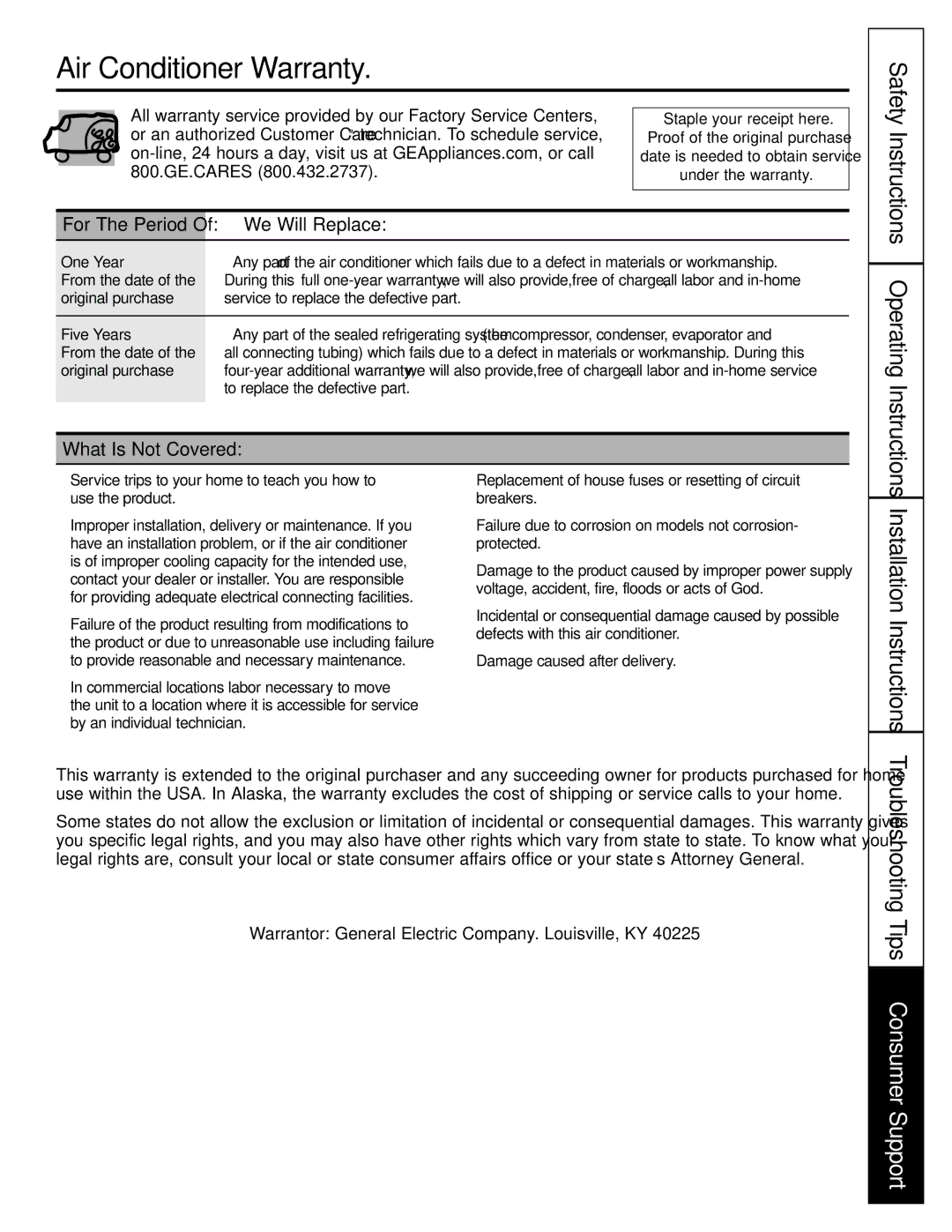 GE AGF18 Air Conditioner Warranty, Troubleshooting Tips Consumer Support, Safety Instructions Operating Instructions 