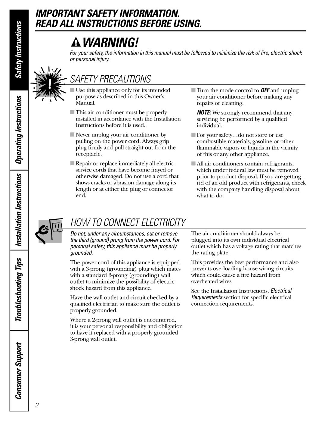 GE AGF18 operating instructions Safety Precautions, Consumer Support Troubleshooting Tips Installation 