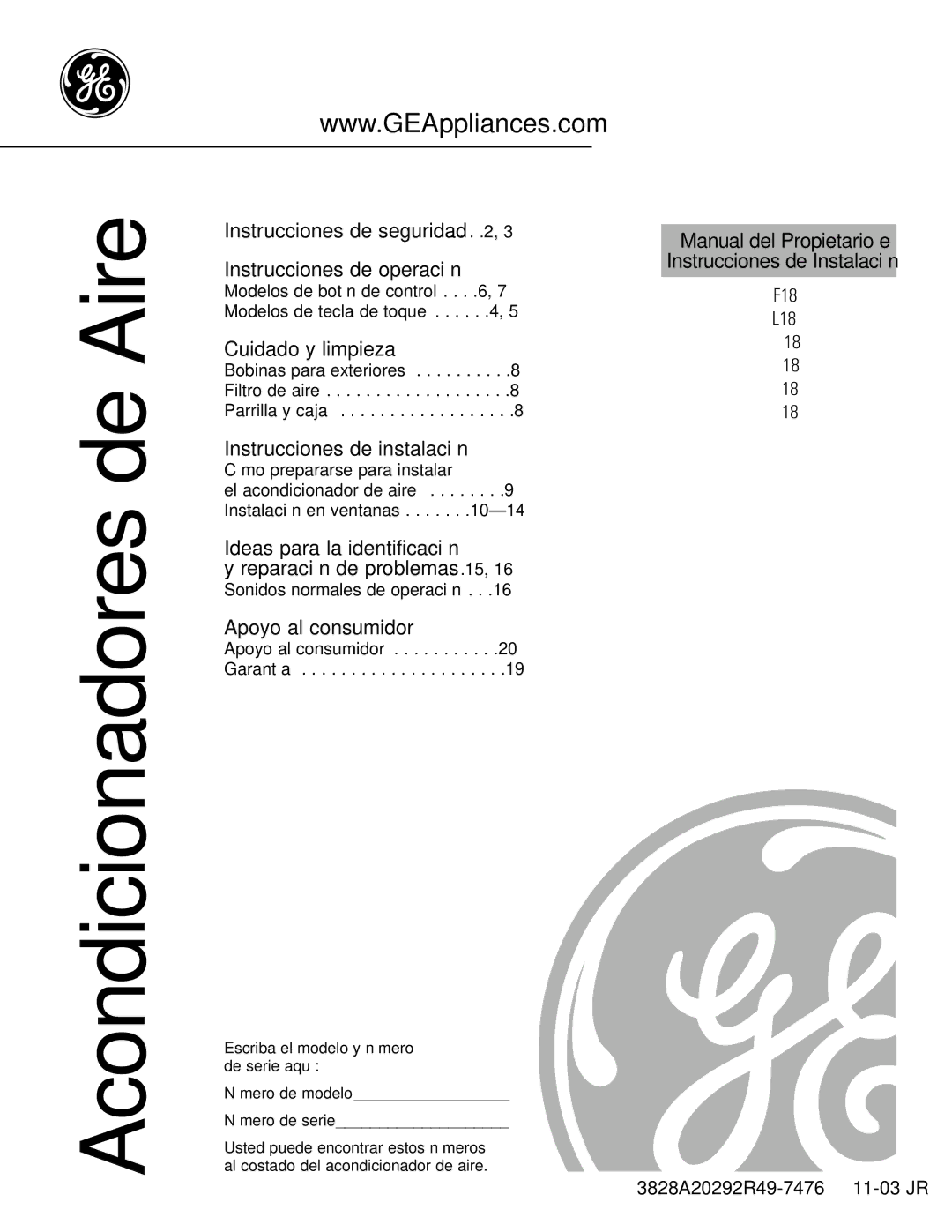 GE AGF18 operating instructions Acondicionadores de Aire, Manual del Propietario e Instrucciones de Instalación 