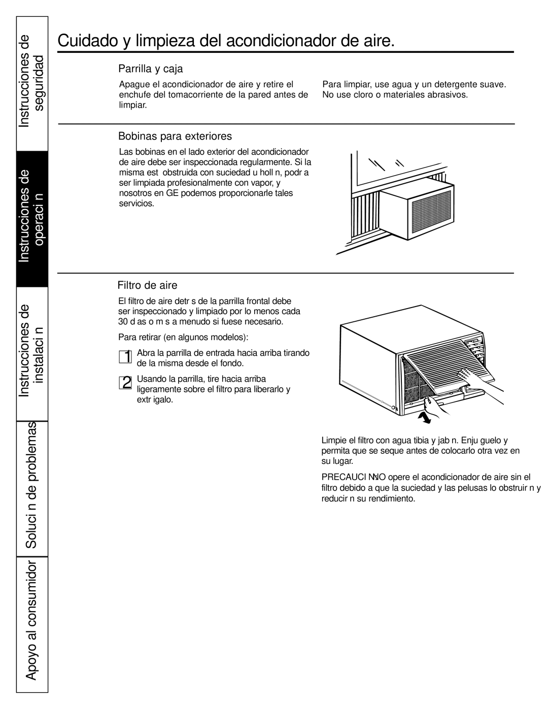 GE AGF18 Cuidado y limpieza del acondicionador de aire, Parrilla y caja, Bobinas para exteriores, Filtro de aire 