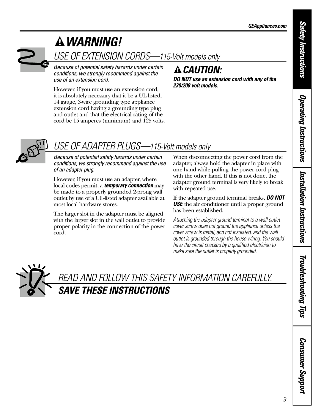 GE AGF18 operating instructions Operating, Installation Instructions, GEAppliances.com 