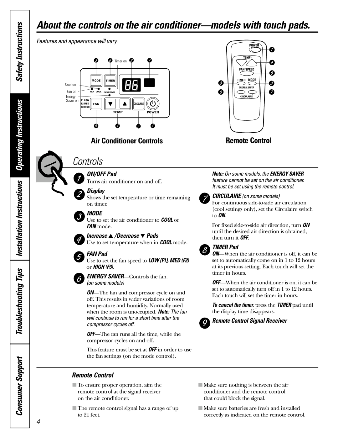 GE AGF18 operating instructions Consumer, Remote Control 