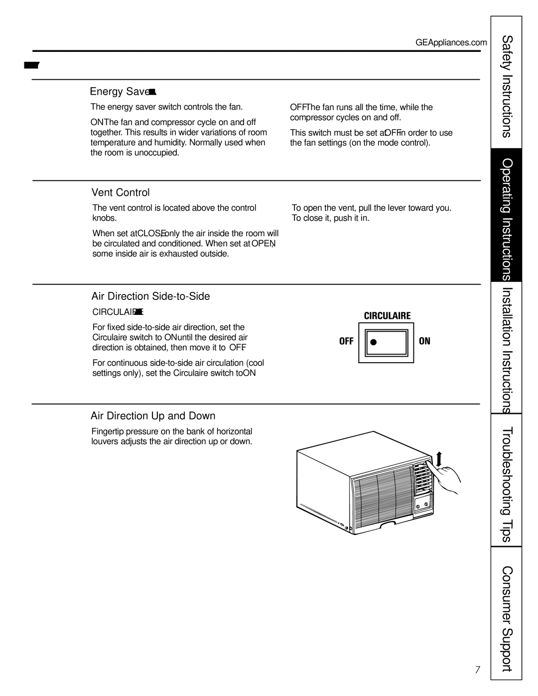 GE AGF18 operating instructions Safety, Air Direction-Side-to-Side 