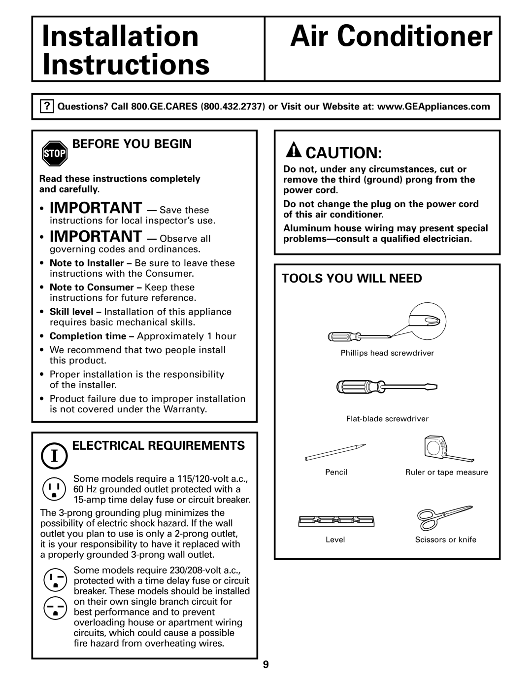 GE AGF18 operating instructions Before YOU Begin, Electrical Requirements, Tools YOU will Need 