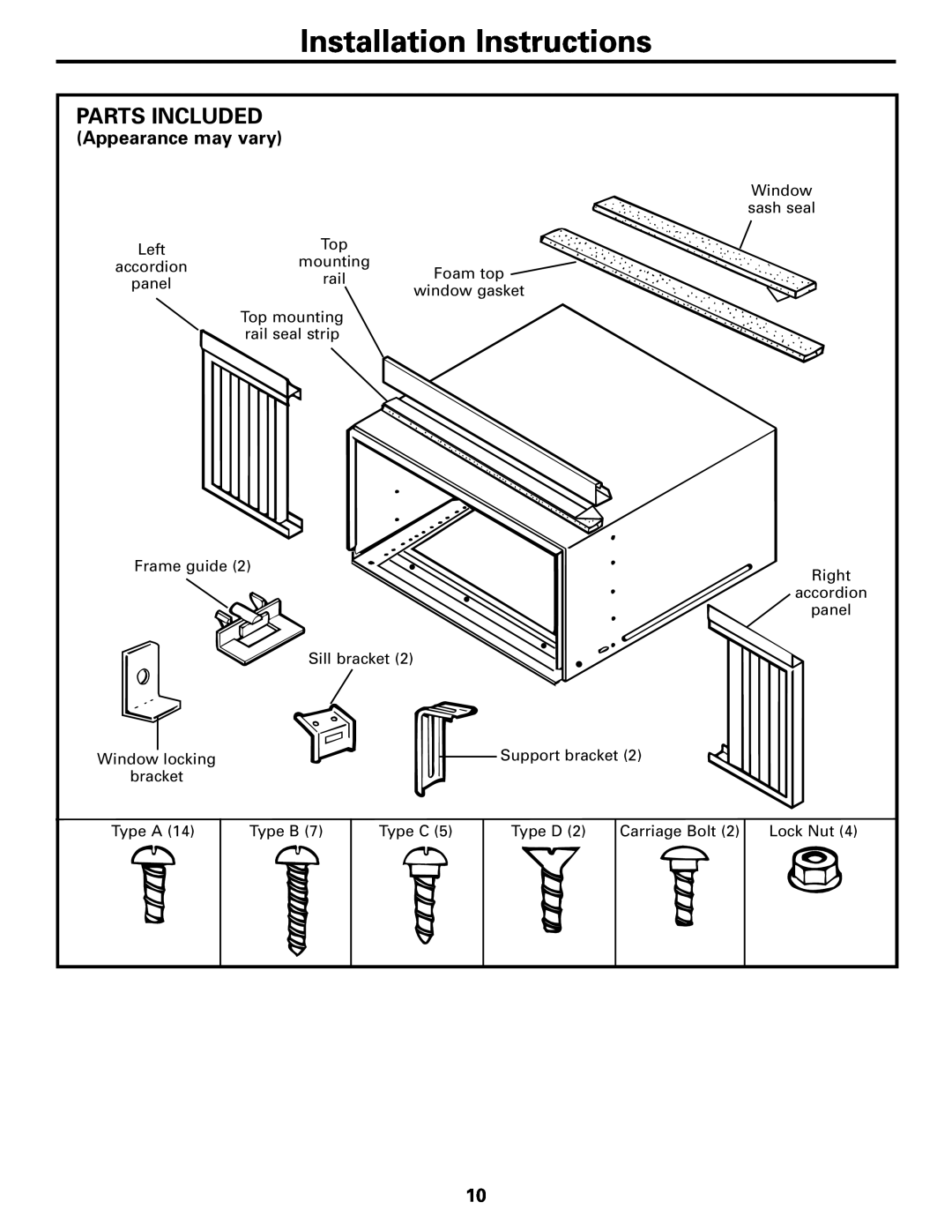 GE AGF18 operating instructions Installation Instructions, Parts Included, Appearance may vary 