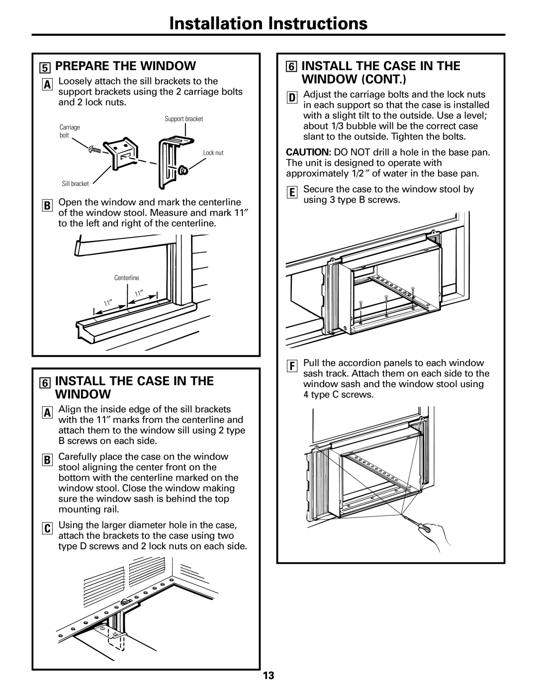 GE AGF18 operating instructions 5PREPARE THE WINDOW, 6INSTALL THE CASE IN THE WINDOW CONT, Installation Instructions 