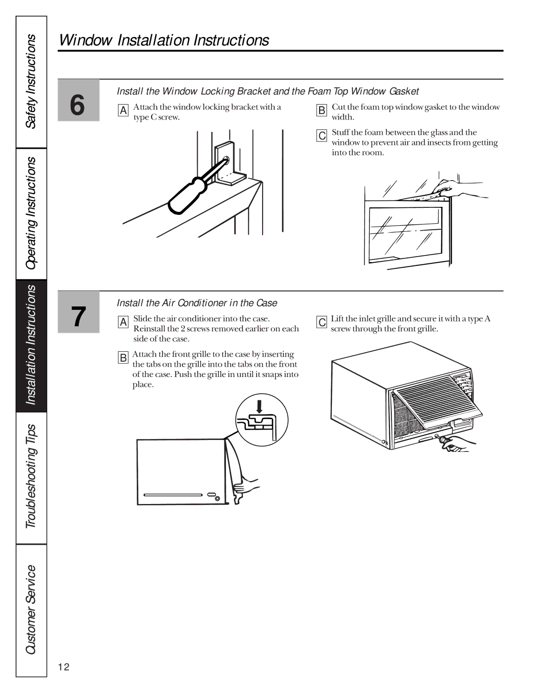 GE AGH08 owner manual Install the Air Conditioner in the Case 