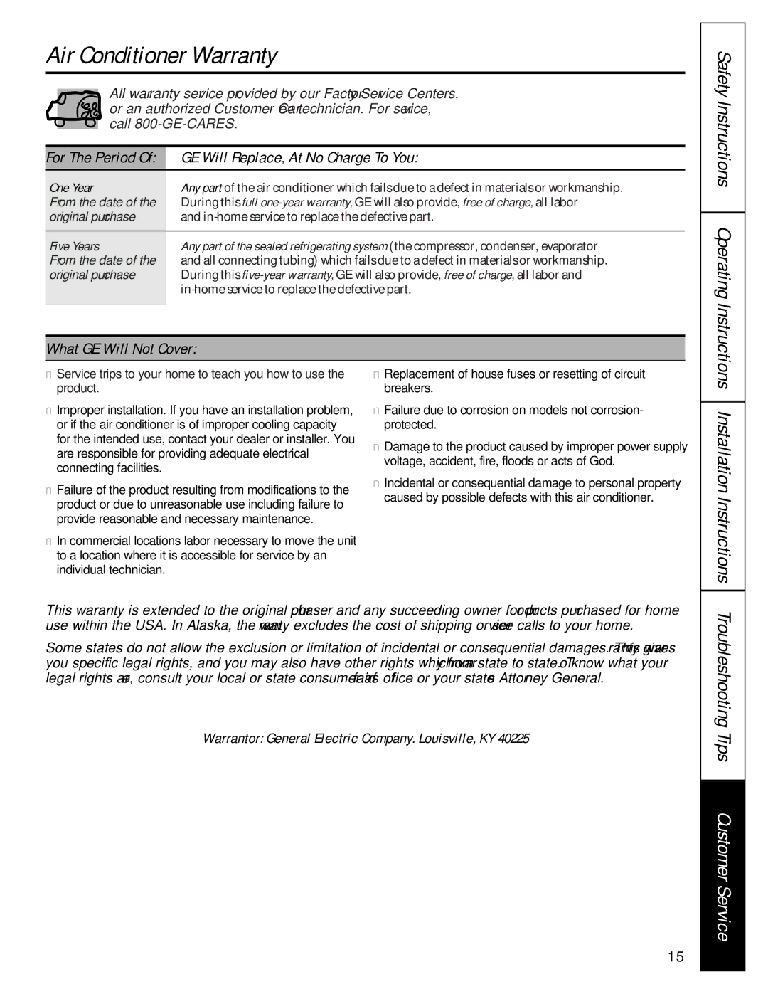 GE AGH08 owner manual Air Conditioner Warranty, GE Will Replace, At No Charge To You, What GE Will Not Cover, One Year 