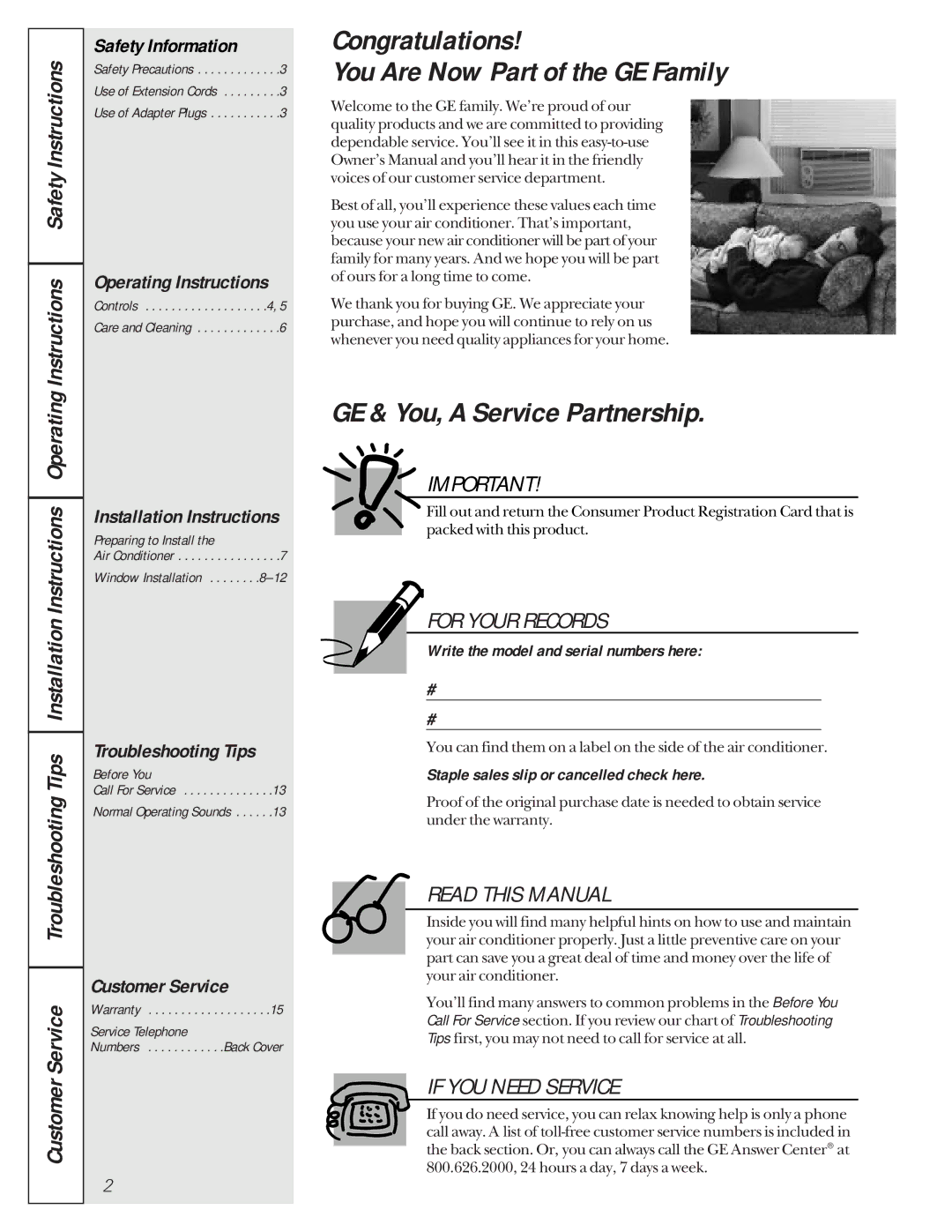 GE AGH08 owner manual Congratulations You Are Now Part of the GE Family, GE & You, a Service Partnership 