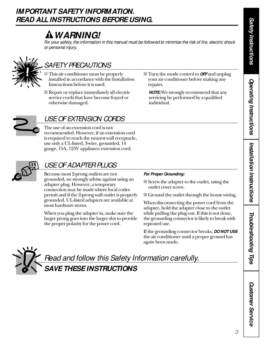 GE AGH08 owner manual Safety Precautions 