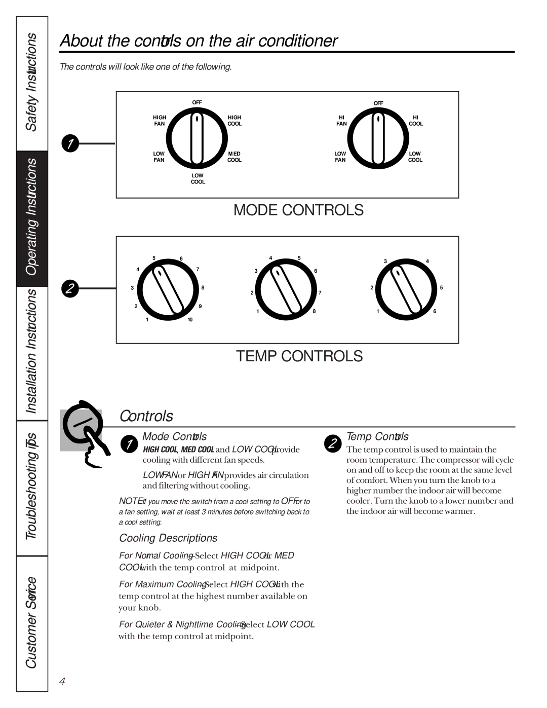 GE AGH08 owner manual About the controls on the air conditioner, Mode Controls, Temp Controls, Cooling Descriptions 