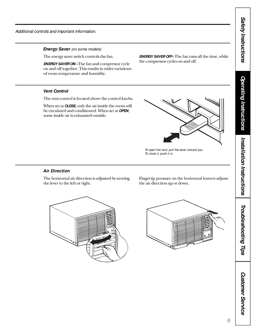 GE AGH08 owner manual Vent Control, Air Direction 