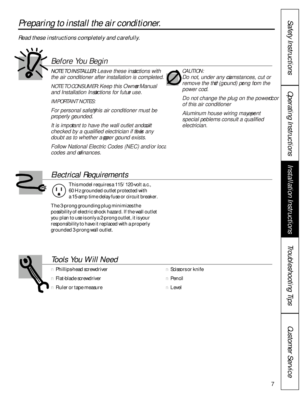 GE AGH08 owner manual Preparing to install the air conditioner, Read these instructions completely and carefully 