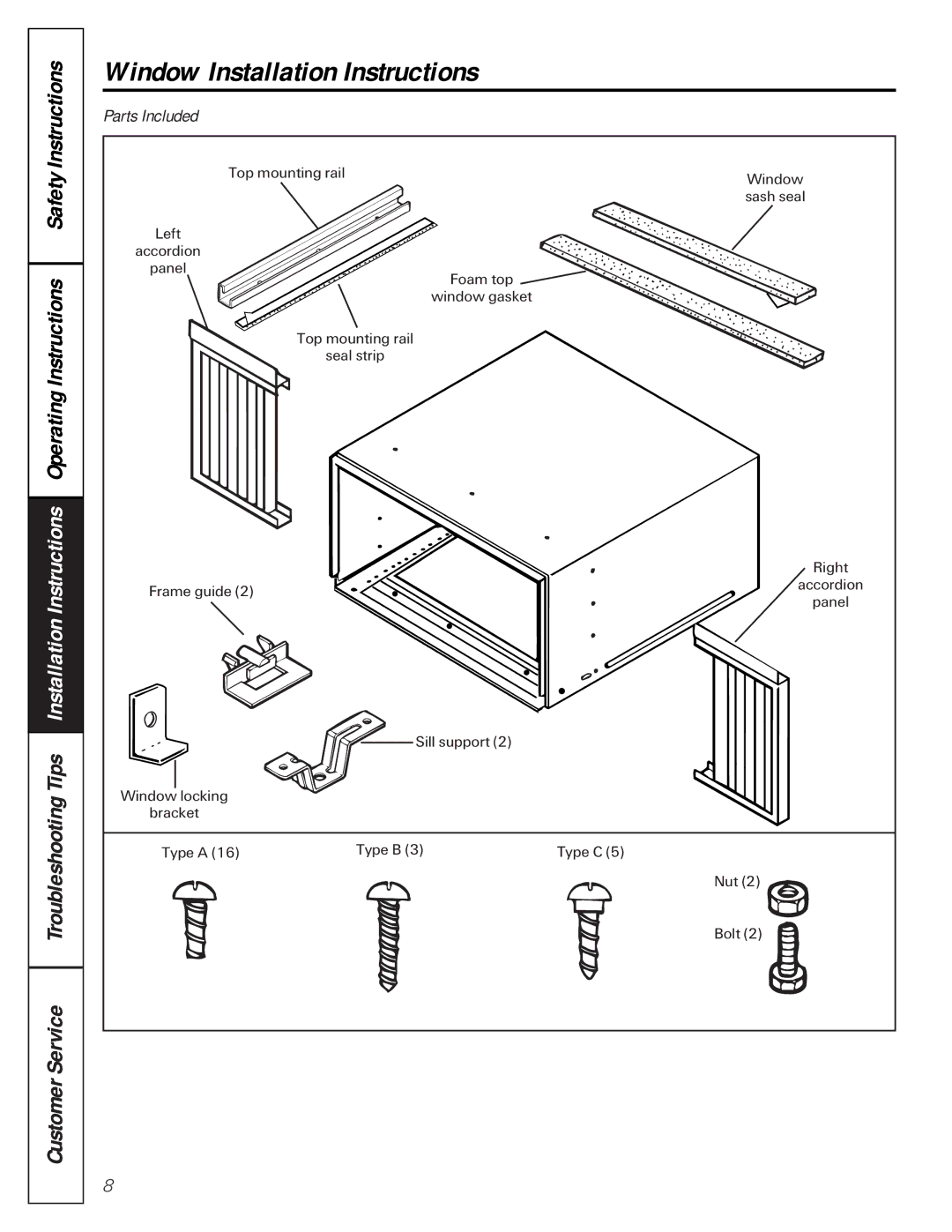 GE AGH08 owner manual Window Installation Instructions, Parts Included 