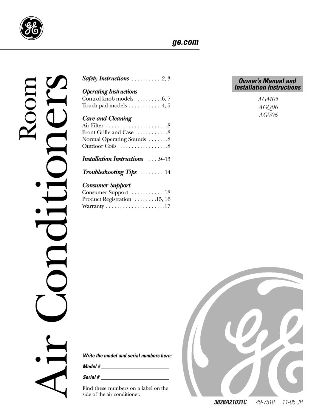 GE AGM05 owner manual Air Conditioners, 3828A21031C 