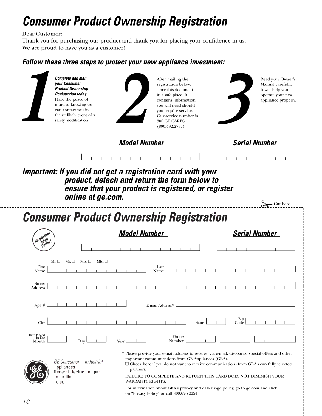 GE AGM05 owner manual Consumer Product Ownership Registration 