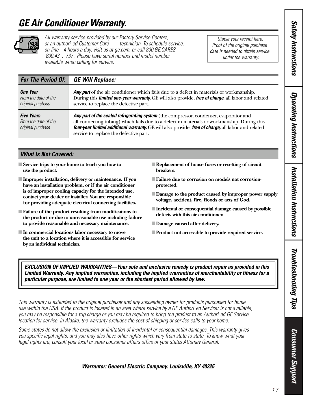 GE AGM05 owner manual GE Air Conditioner Warranty, GE Will Replace, What Is Not Covered 