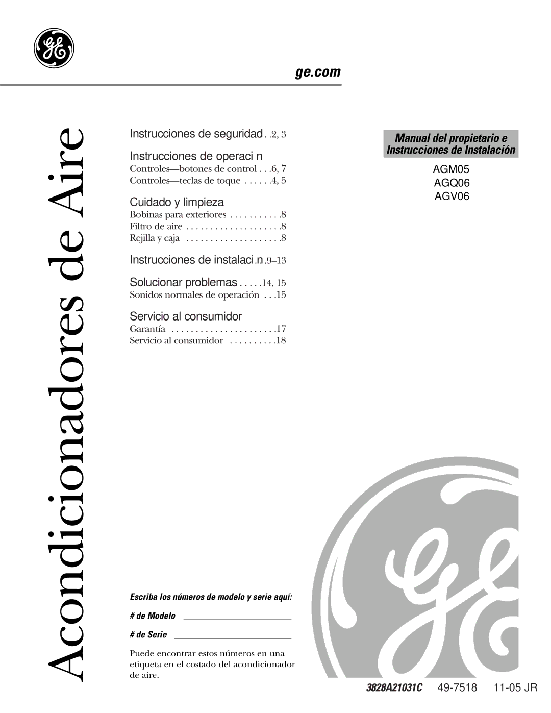 GE AGM05 owner manual Acondicionadores de Aire 