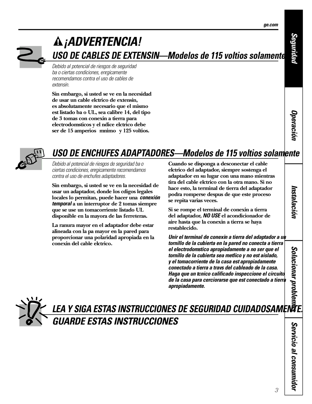 GE AGM05 owner manual Operación, USO DE Cables DE EXTENSIÓN-Modelos de 115 voltios solamente 