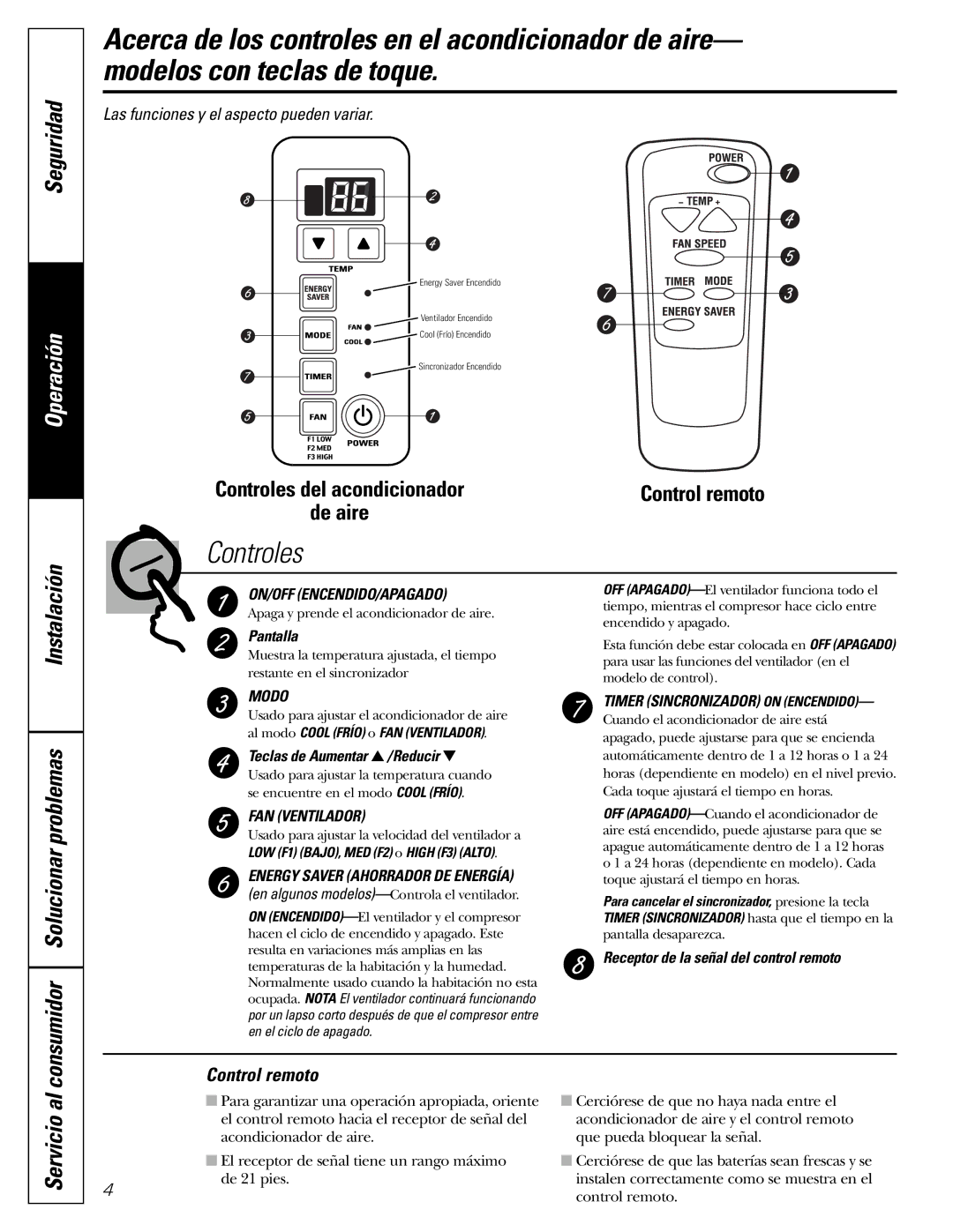 GE AGM05 owner manual Seguridad, Consumidor Solucionar problemas, Control remoto 