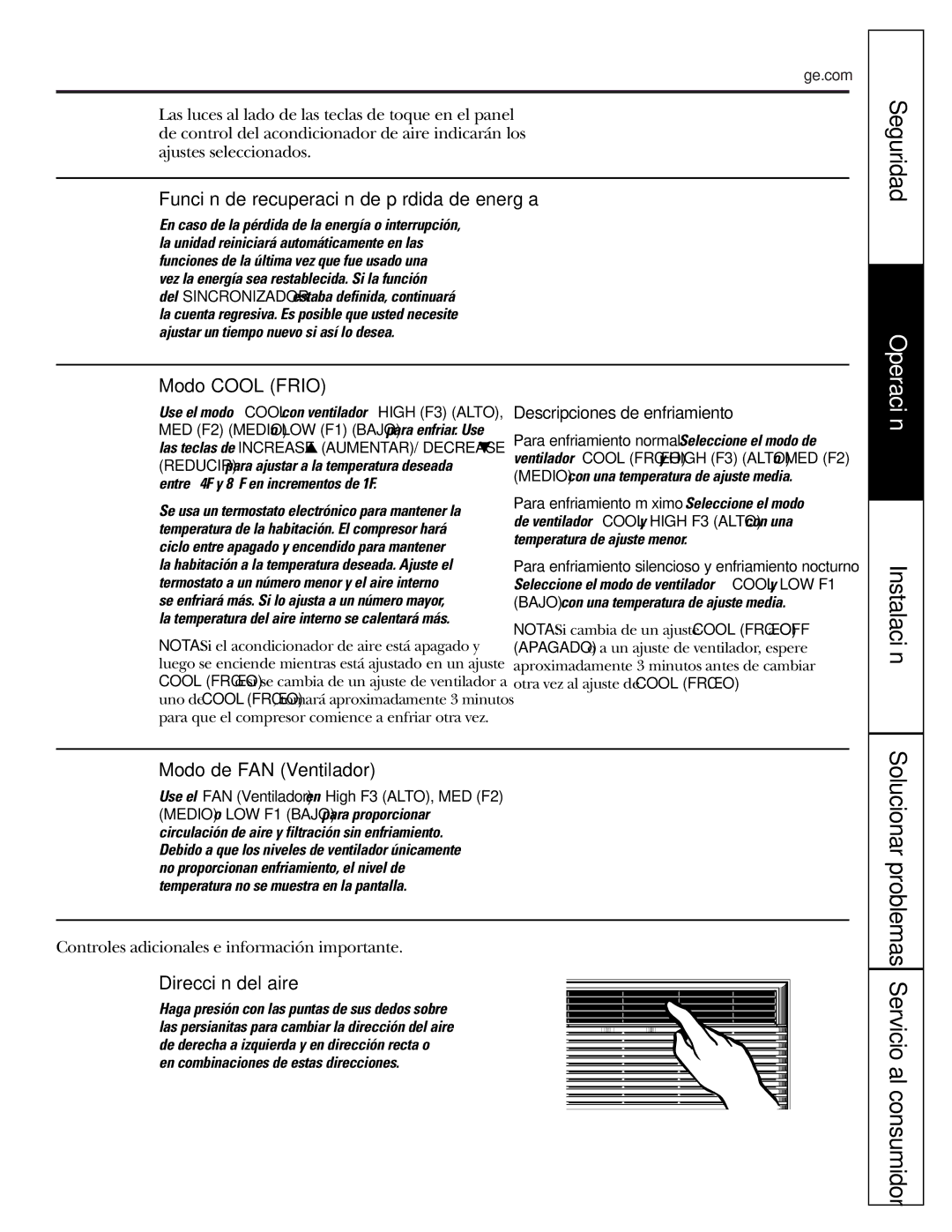 GE AGM05 Función de recuperación de pérdida de energía, Modo Cool Frio, Modo de FAN Ventilador, Dirección del aire 