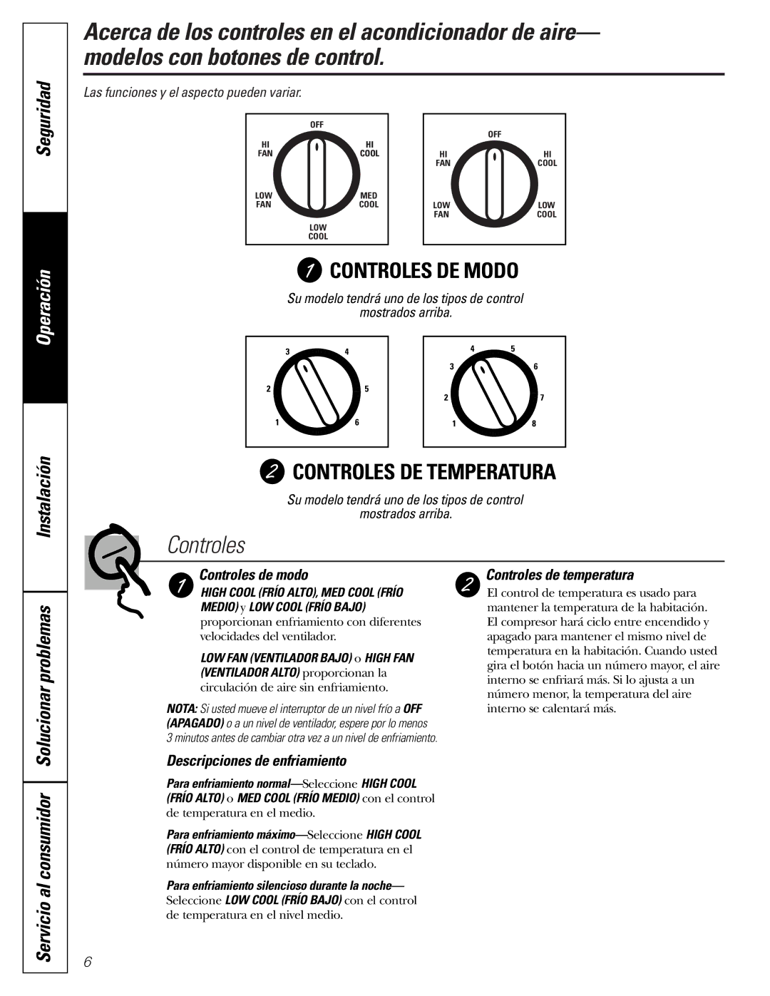 GE AGM05 owner manual Solucionar problemas, Servicio al consumidor, Controles de modo, Controles de temperatura 