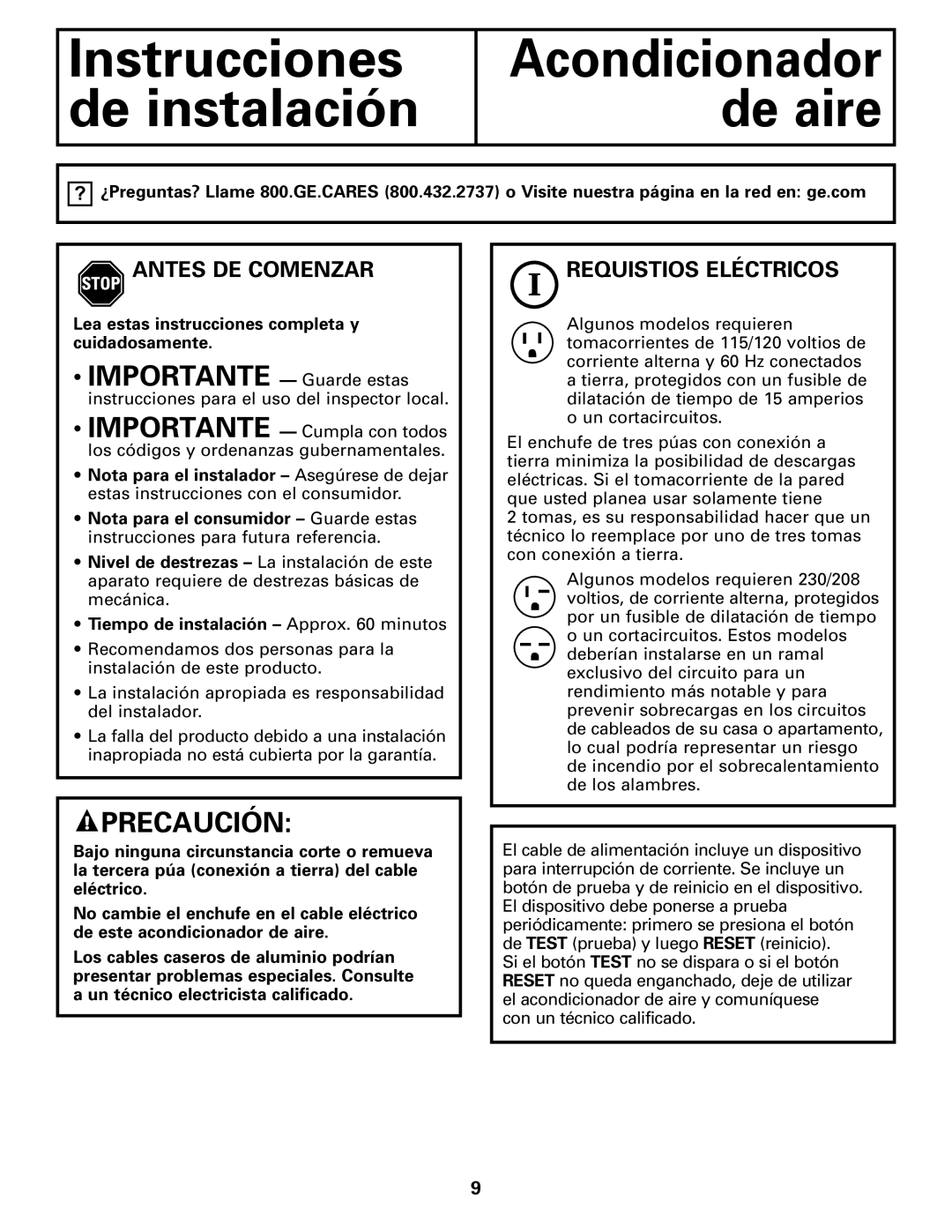 GE AGM05 owner manual Antes DE Comenzar, Requistios Eléctricos 