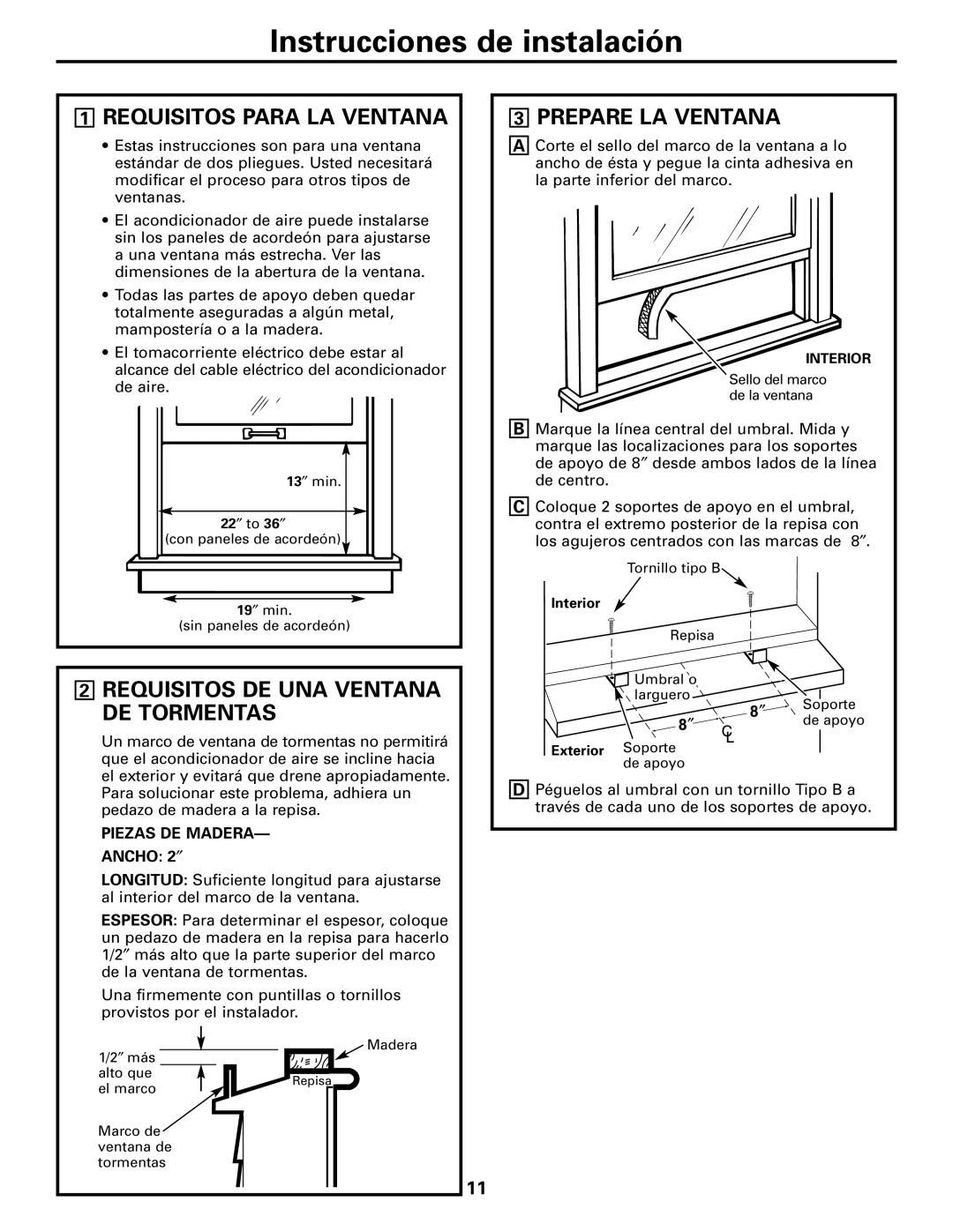 GE AGM05 owner manual Requisitos Para LA Ventana, Requisitos DE UNA Ventana, Prepare LA Ventana, DE Tormentas 