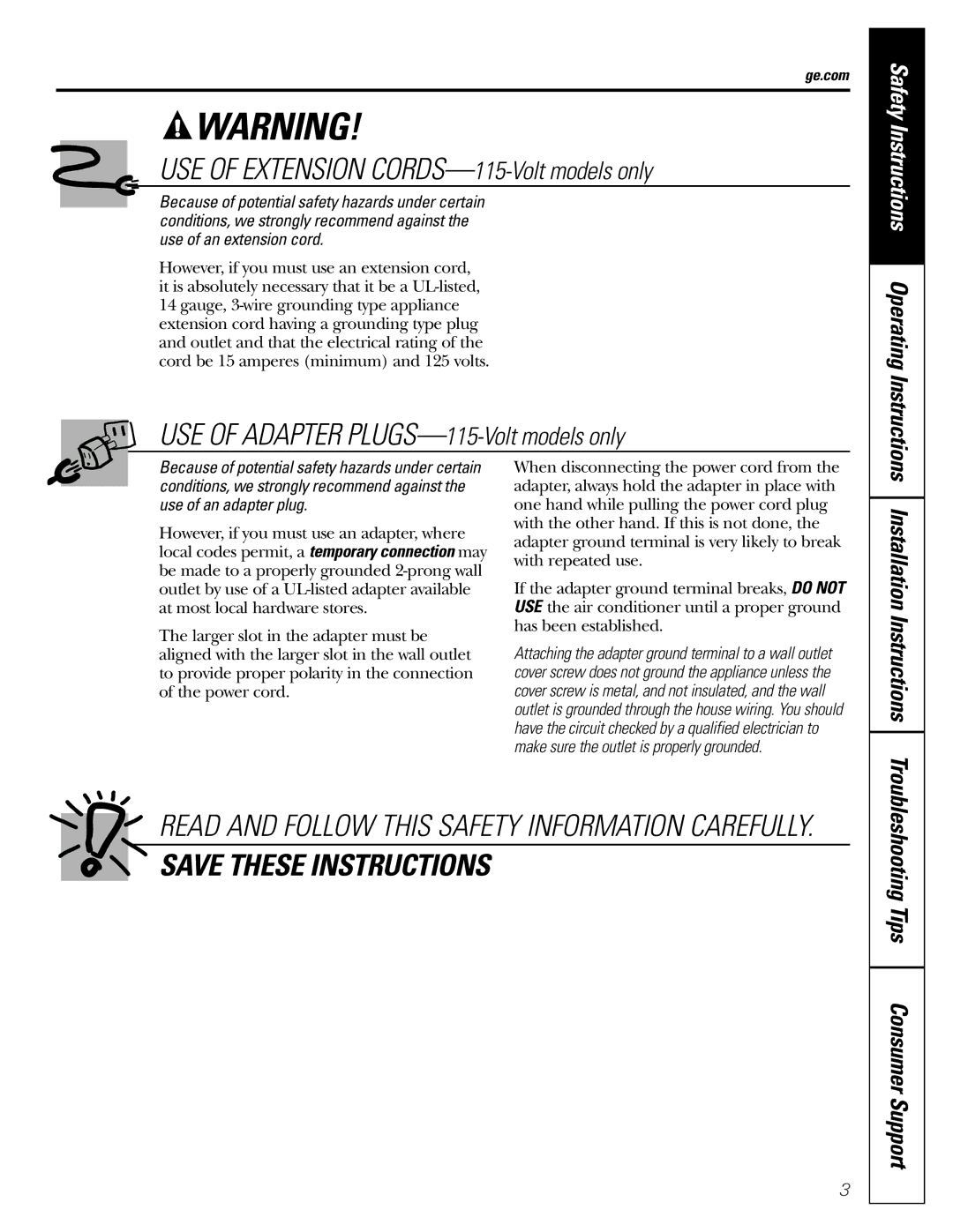 GE AGM05 owner manual USE of Extension CORDS-115-Volt models only, Installation Instructions 