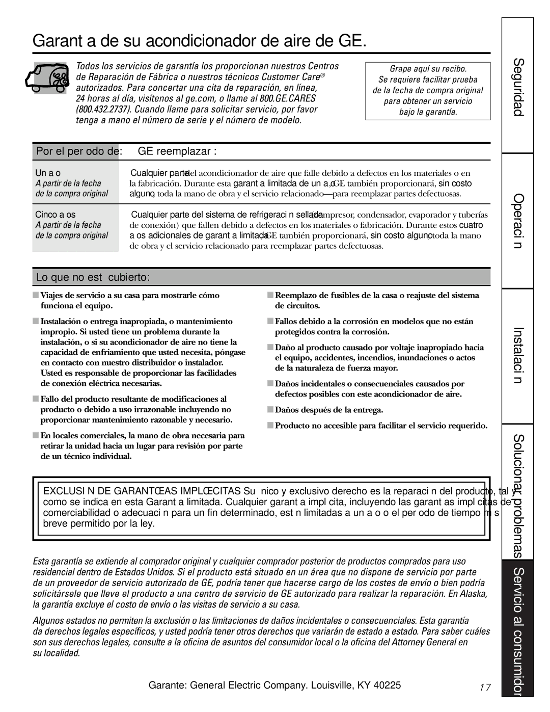 GE AGM05 Garantía de su acondicionador de aire de GE, Seguridad Operación, GE reemplazará, Lo que no está cubierto 