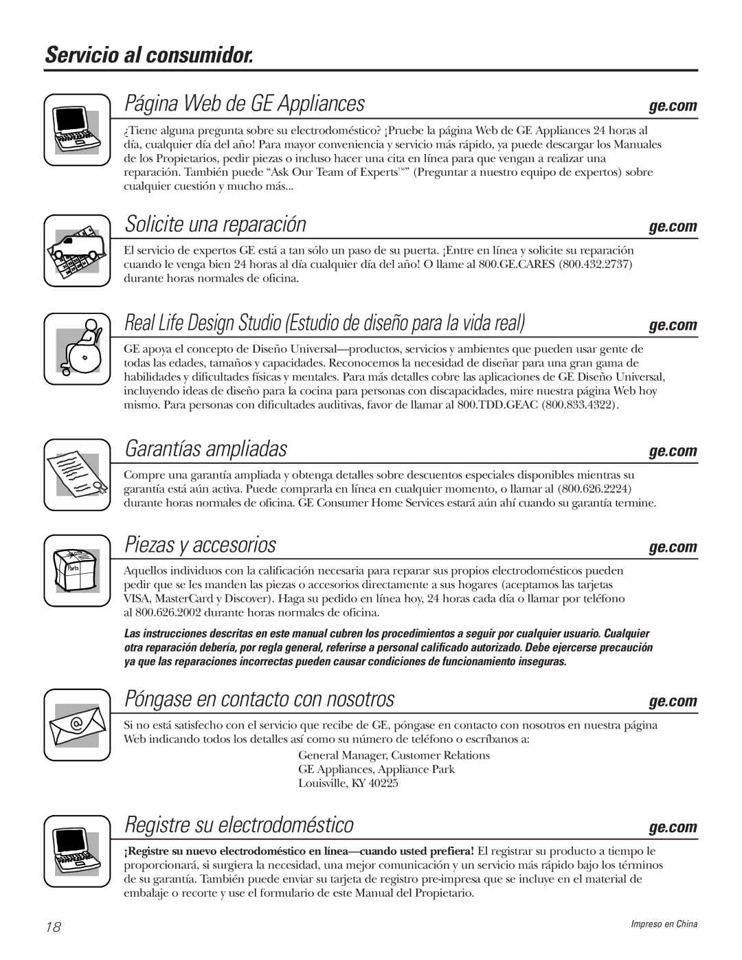 GE AGM05 owner manual Servicio al consumidor Página Web de GE Appliances, Solicite una reparación, Garantías ampliadas 