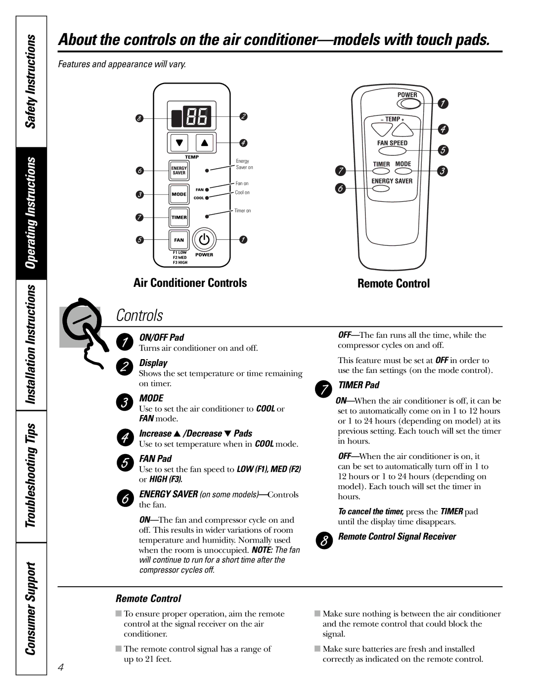 GE AGM05 owner manual Support Troubleshooting Tips Installation, Remote Control 