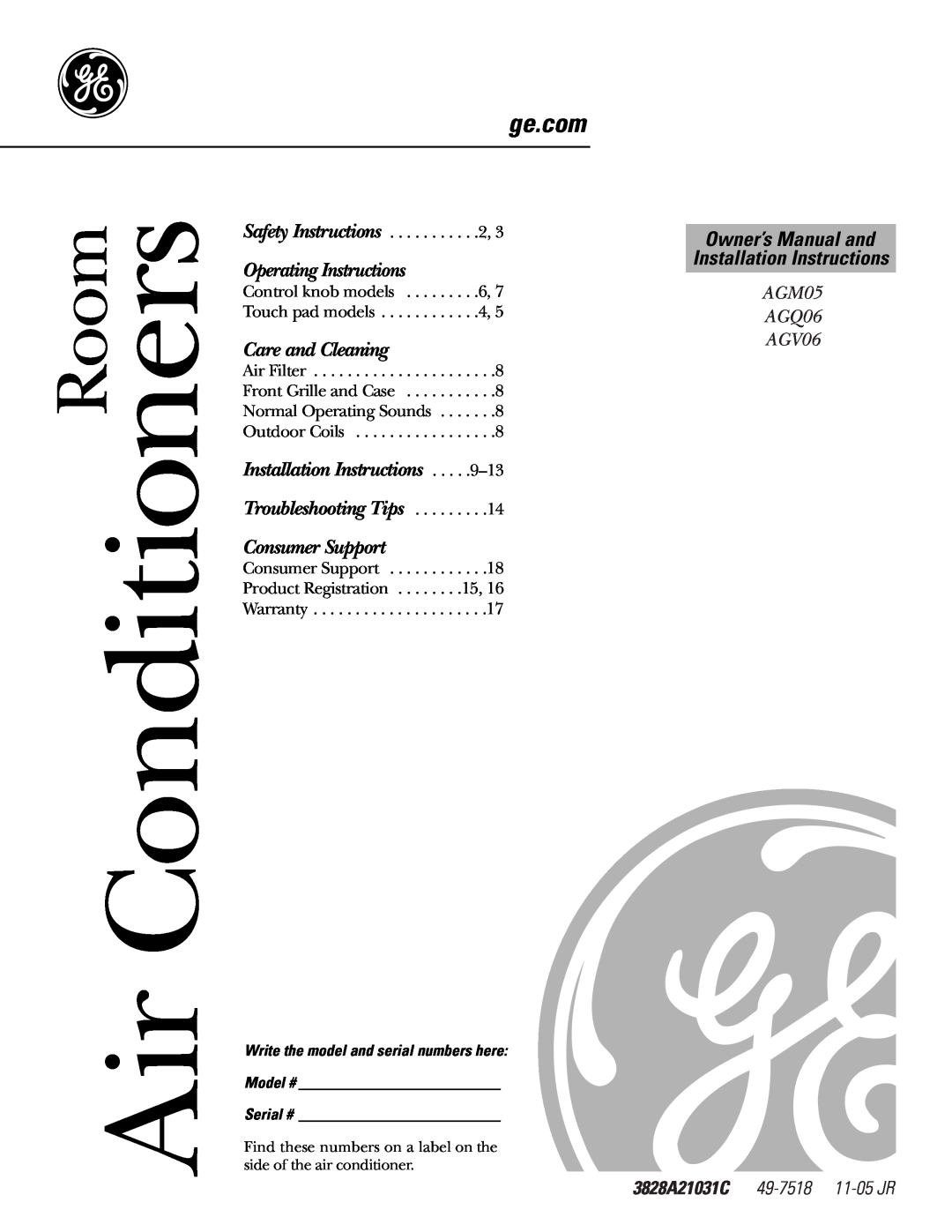 GE AGM05 owner manual Operating Instructions, Care and Cleaning, Installation Instructions, Troubleshooting Tips, Room 