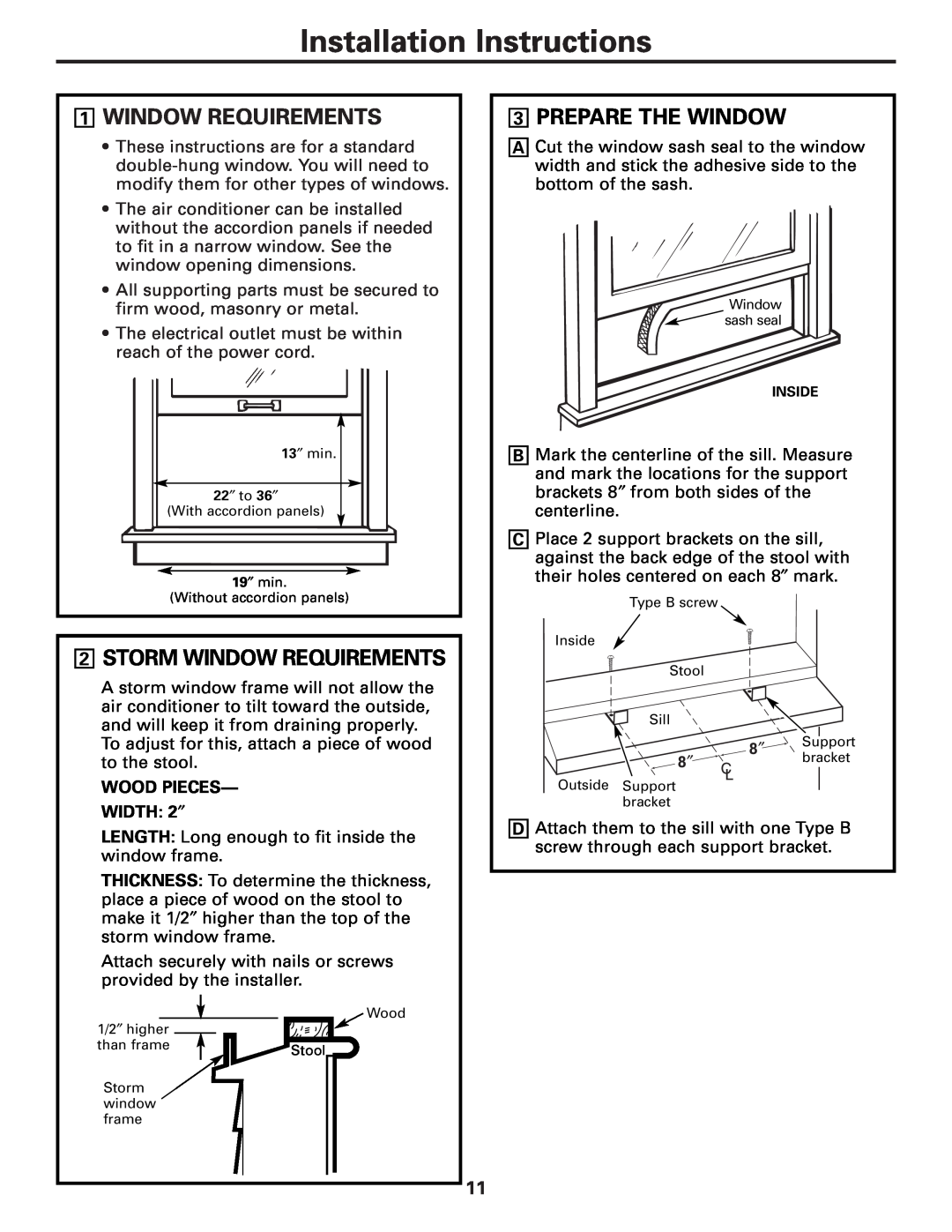 GE AGM05 owner manual 1WINDOW REQUIREMENTS, 2STORM WINDOW REQUIREMENTS, 3PREPARE THE WINDOW, Installation Instructions 