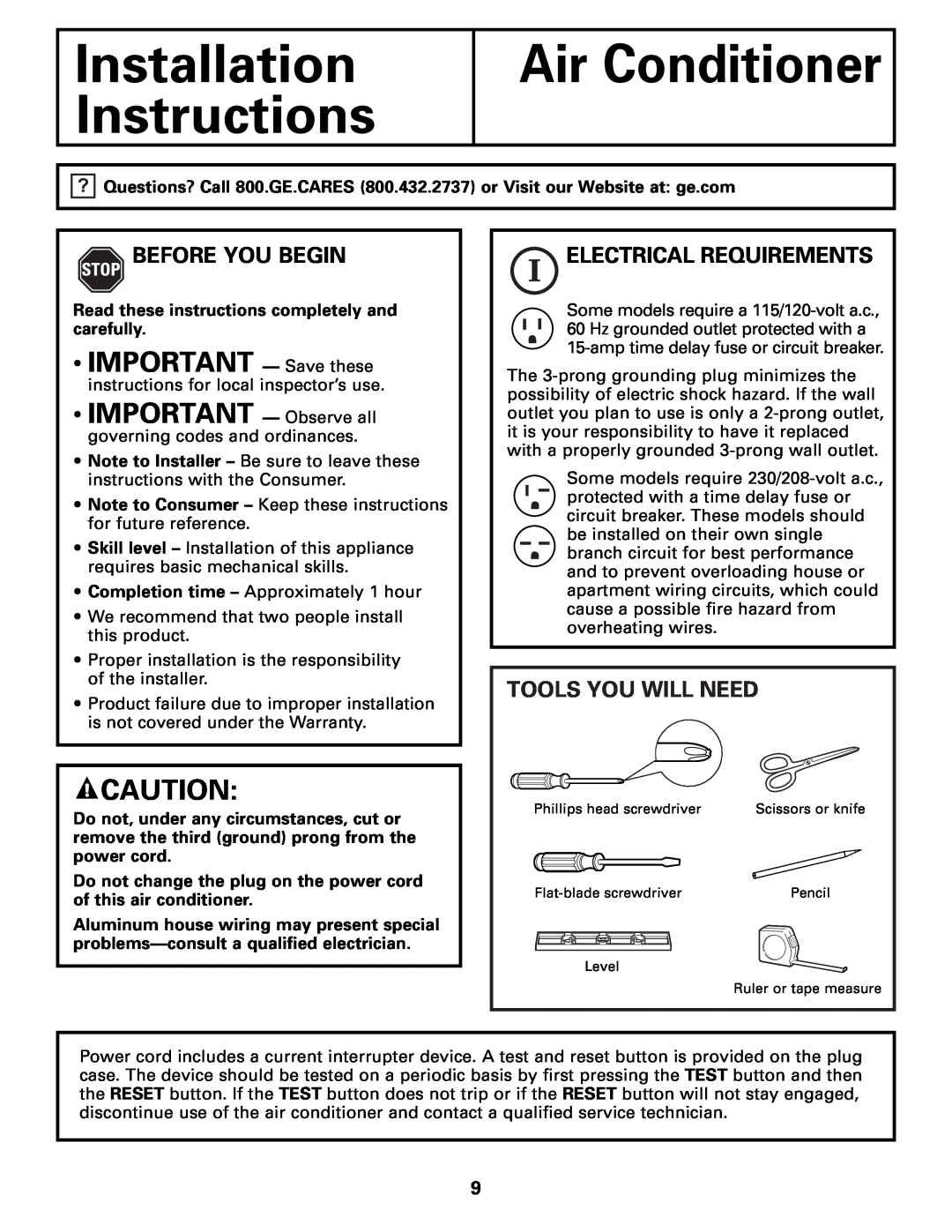 GE AGM05 Installation Instructions, Air Conditioner, IMPORTANT - Save these, Before You Begin, Electrical Requirements 