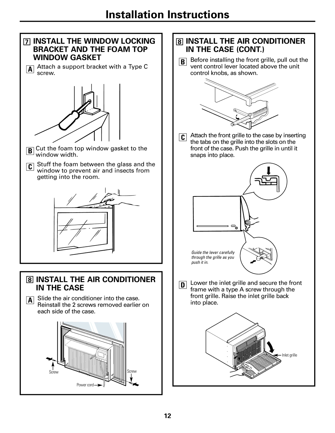 GE AGM24 operating instructions Install the AIR Conditioner in the Case 