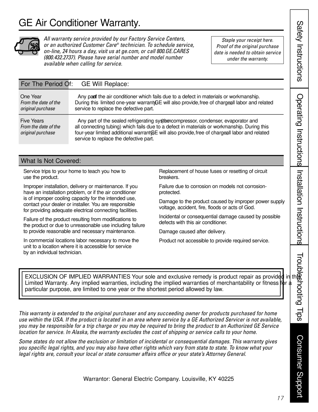 GE AGM24 operating instructions GE Air Conditioner Warranty, GE Will Replace, What Is Not Covered 