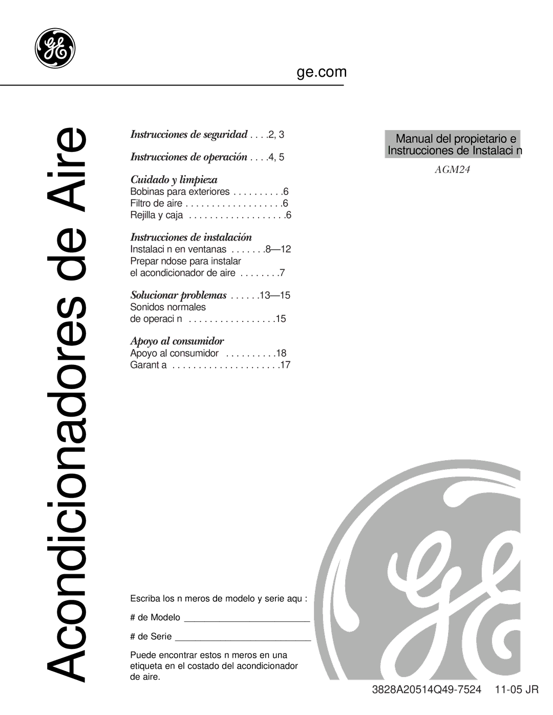 GE AGM24 operating instructions Acondicionadores de Aire 