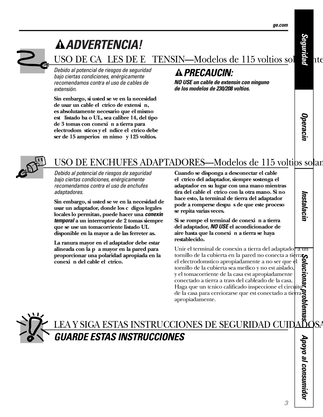 GE AGM24 operating instructions Operación, Apoyo al consumidor, Solucionar problemas 