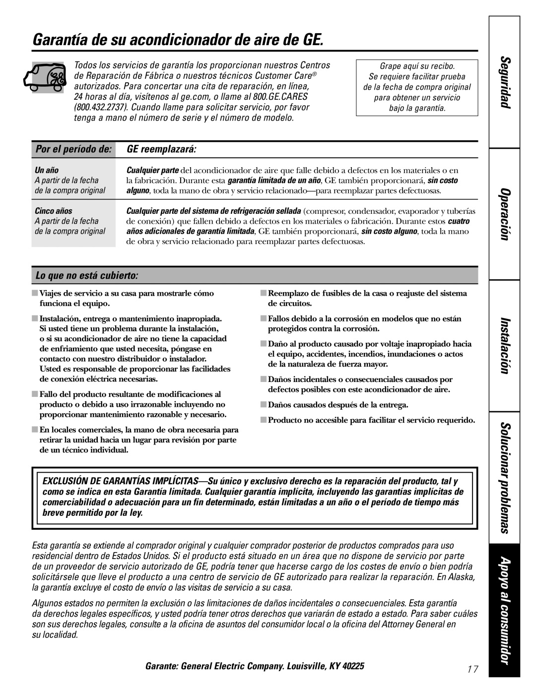 GE AGM24 Garantía de su acondicionador de aire de GE, Seguridad Operación, GE reemplazará, Lo que no está cubierto 