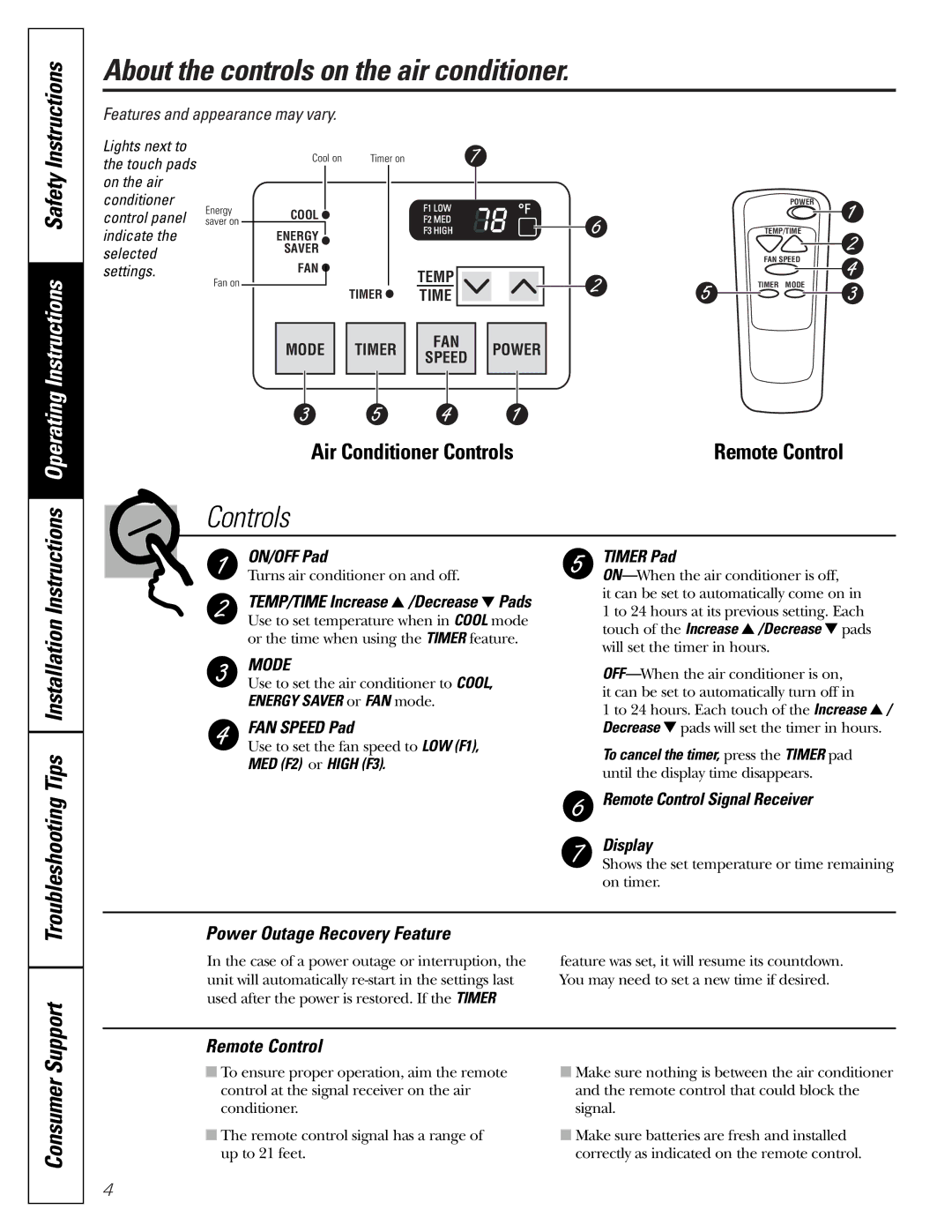 GE AGM24 About the controls on the air conditioner, Instructions, Power Outage Recovery Feature, Remote Control 