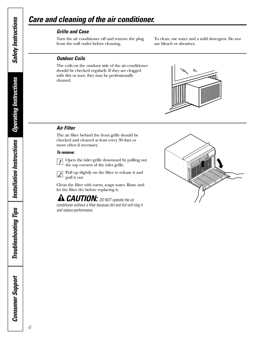 GE AGM24 Care and cleaning of the air conditioner, Grille and Case, Outdoor Coils, Air Filter, To remove 