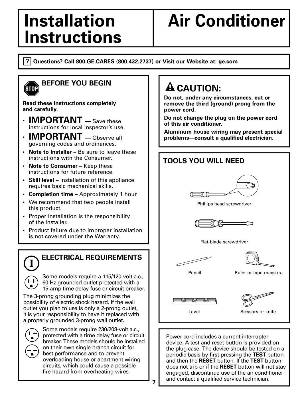 GE AGM24 operating instructions Before YOU Begin, Electrical Requirements, Tools YOU will Need 