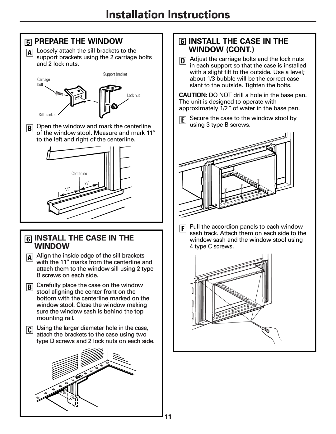 GE AGM24 operating instructions 5PREPARE THE WINDOW, 6INSTALL THE CASE IN THE WINDOW CONT, Installation Instructions 