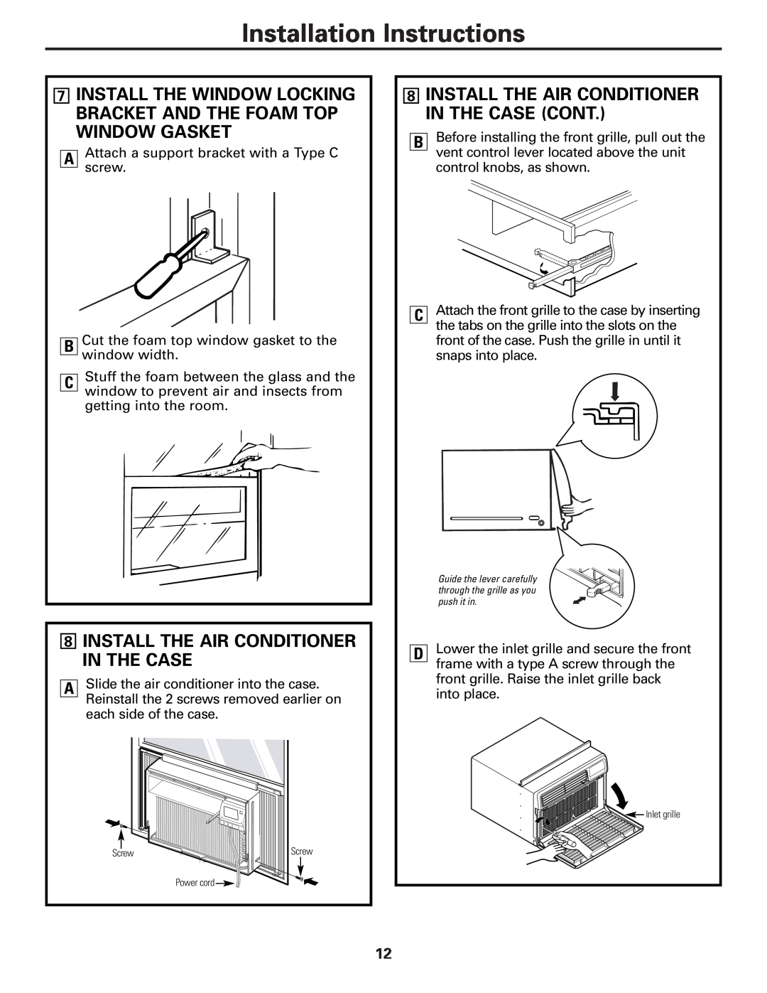GE AGM24 operating instructions 8INSTALL THE AIR CONDITIONER IN THE CASE CONT, Installation Instructions 