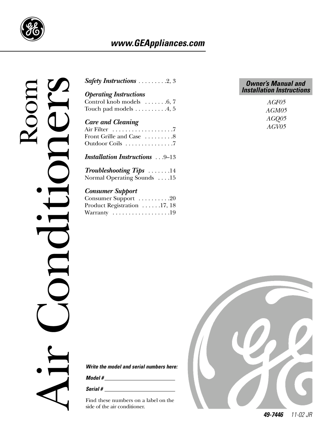 GE AGMO5 installation instructions 49-7446 11-02 JR, Write the model and serial numbers here Model # Serial # 