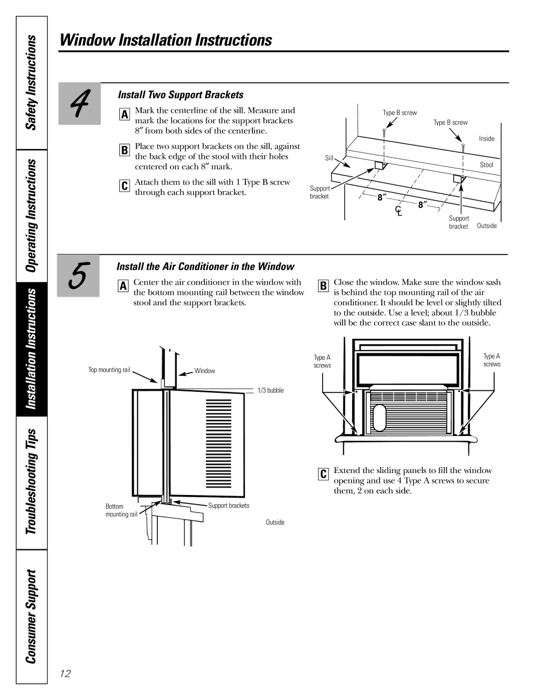 GE AGMO5 Operating Instructions Safety, Install Two Support Brackets, Install the Air Conditioner in the Window 