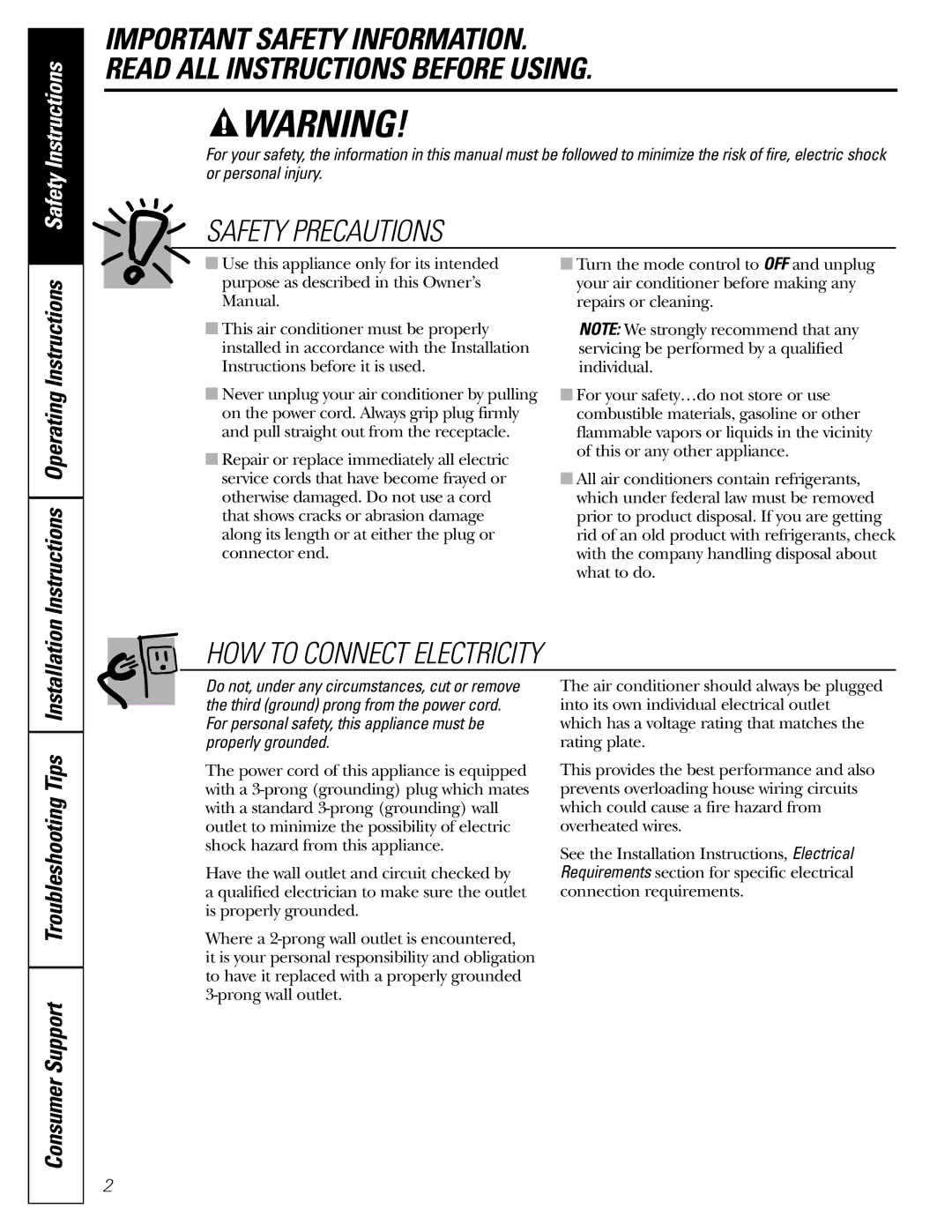 GE AGMO5 installation instructions Instructions Operating Instructions, Consumer Support Troubleshooting Tips Installation 