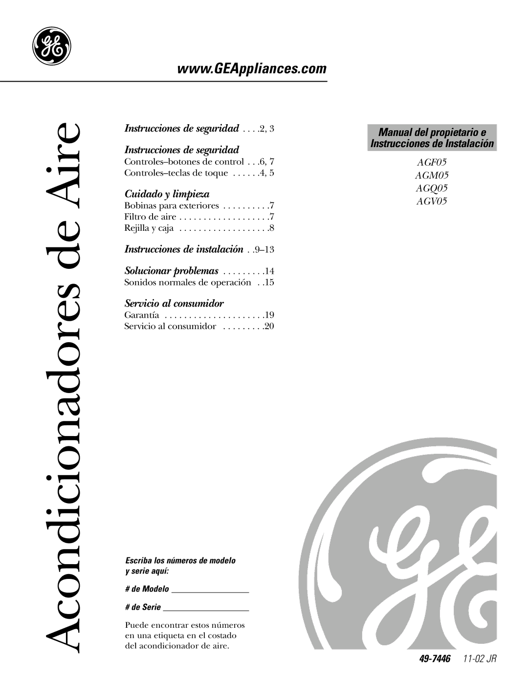 GE AGMO5 installation instructions Acondicionadores de Aire, Manual del propietario e Instrucciones de Instalación 