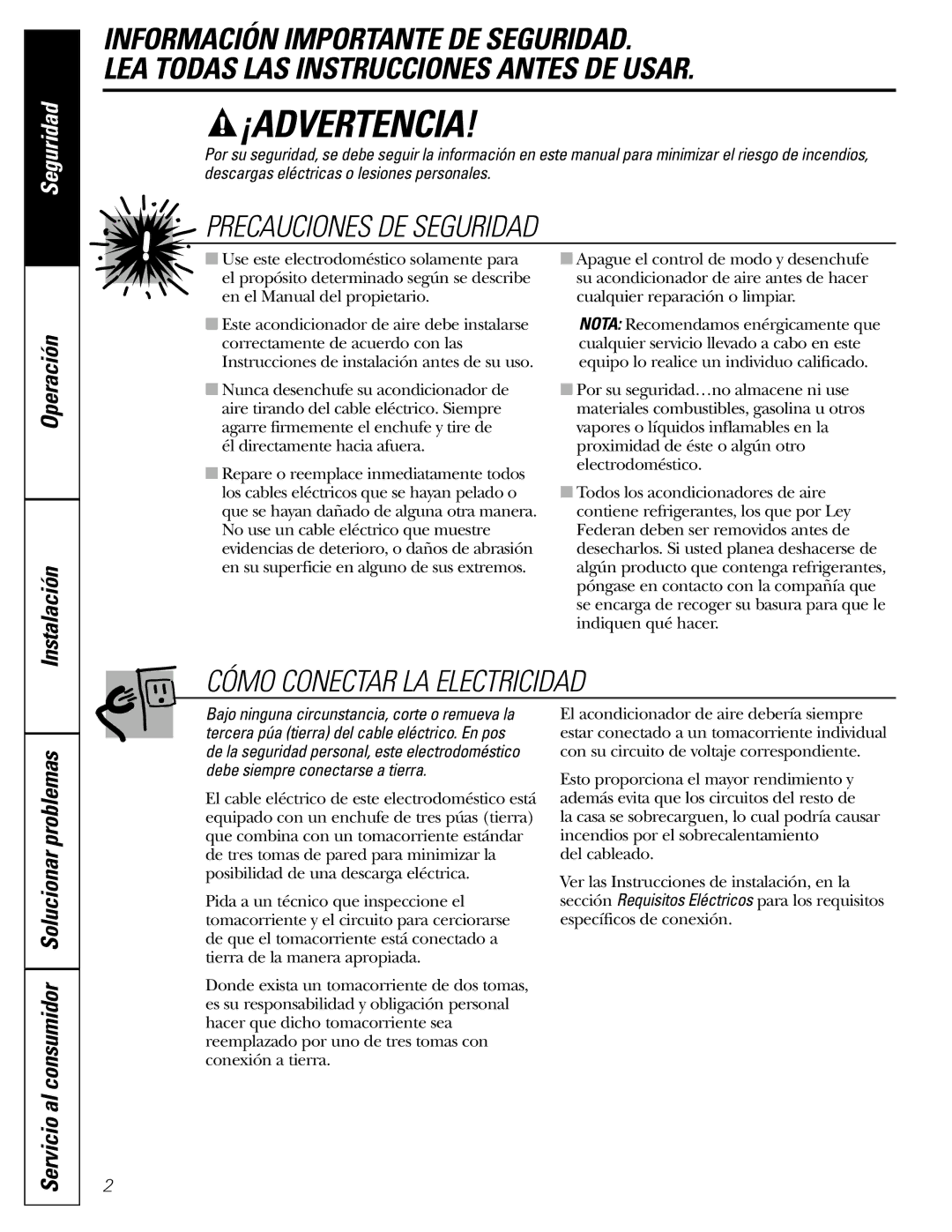 GE AGMO5 installation instructions Operación Instalación, Servicio al consumidor Solucionar problemas 